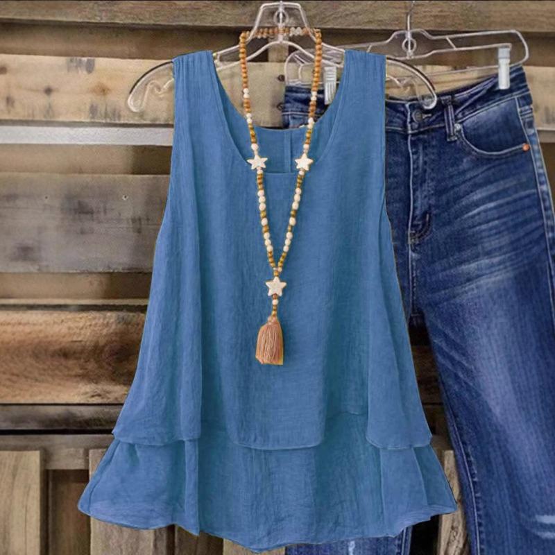 Women s Summer Sleeveless Vest Double Layer Ruffle Hem Casual Loose Top S синий
