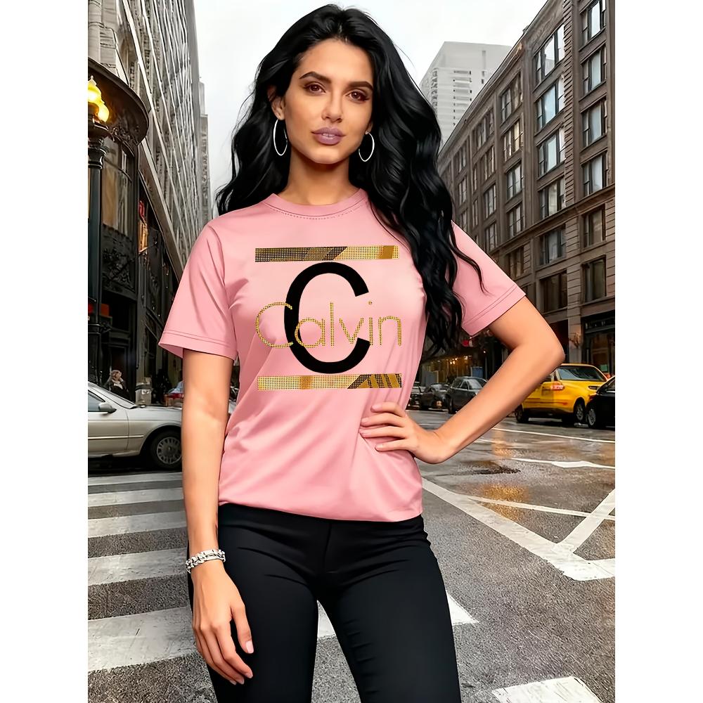 Calvin Brevtryck Dam T-shirt - Guld Grafik Grön Casual Topp