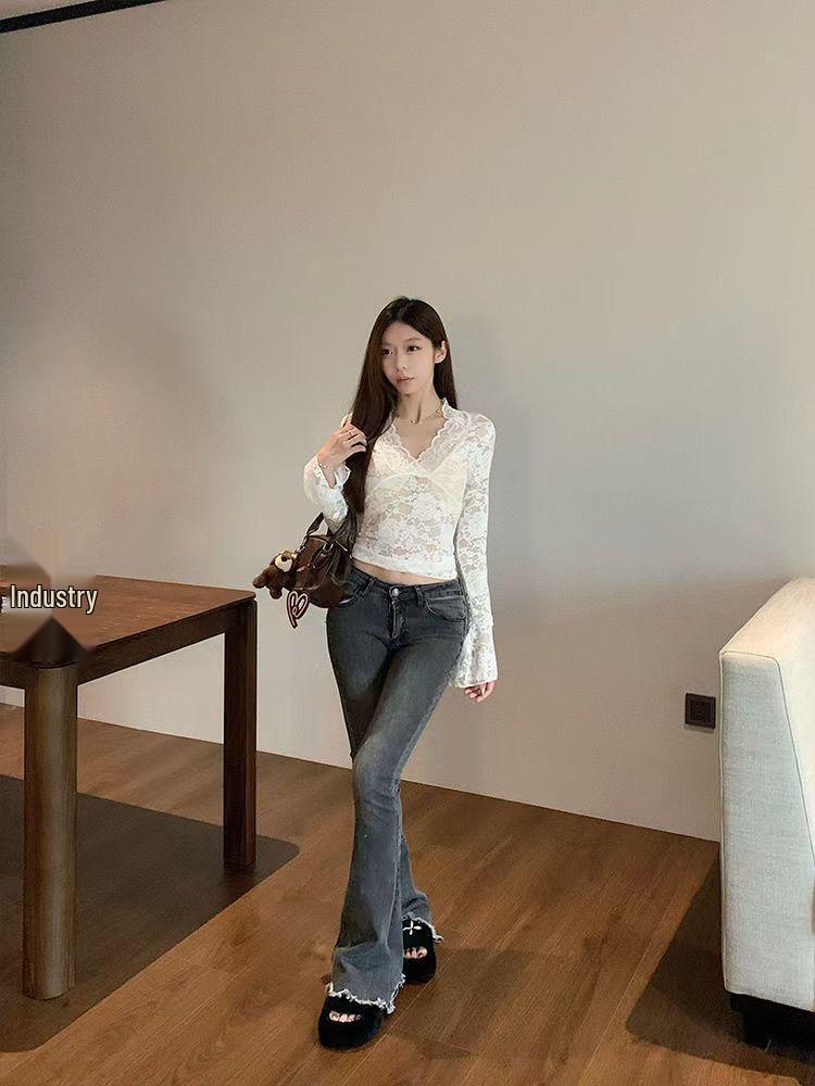 In-Stock V-Neck Lace Long-Sleeve Shirt - Autumn New Style Hot Girl Fit