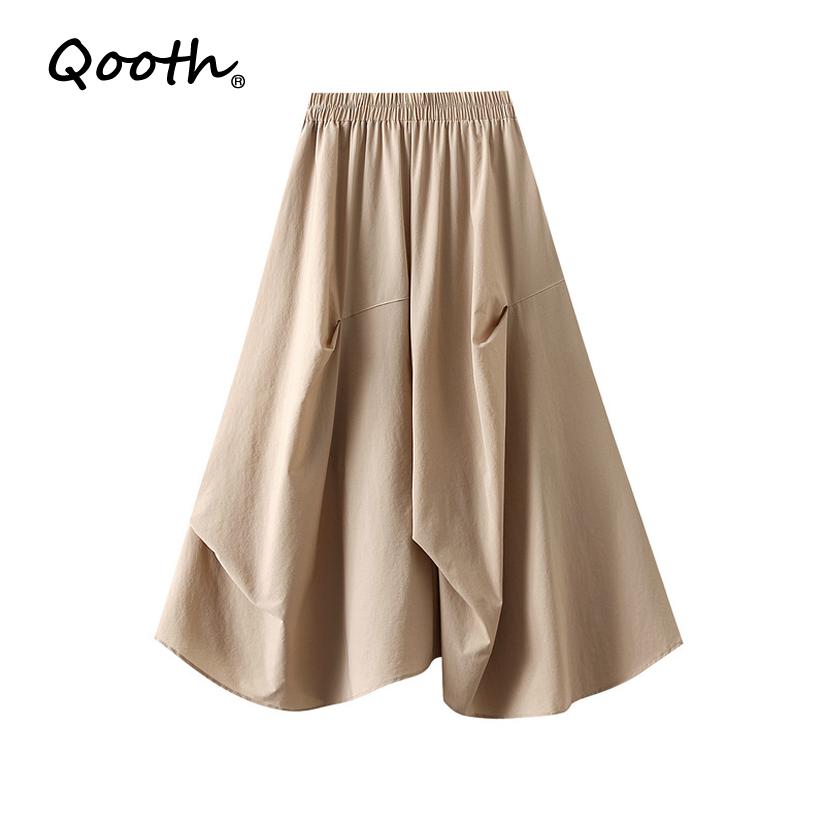 Qooth Asymmetrical Pleated Midi Skirt with Pockets Elastic Waistband A-Line Skirt QT2767