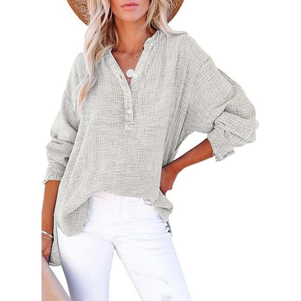 Women's V-Neck Long Sleeve Solid Color Casual Fashion Henley Blouse Shirt Top