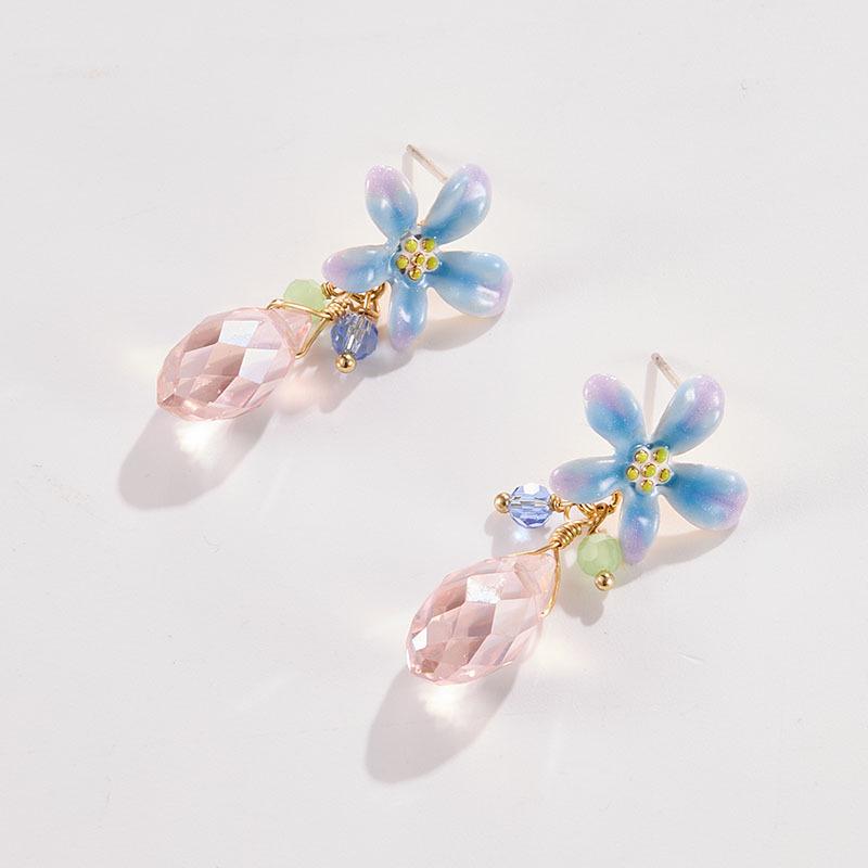 Enamel Orchid Water Drop Stud Earrings - Hand-Painted Floral Silver Needle, Fresh French Spring/Summer 2025 Collection Other