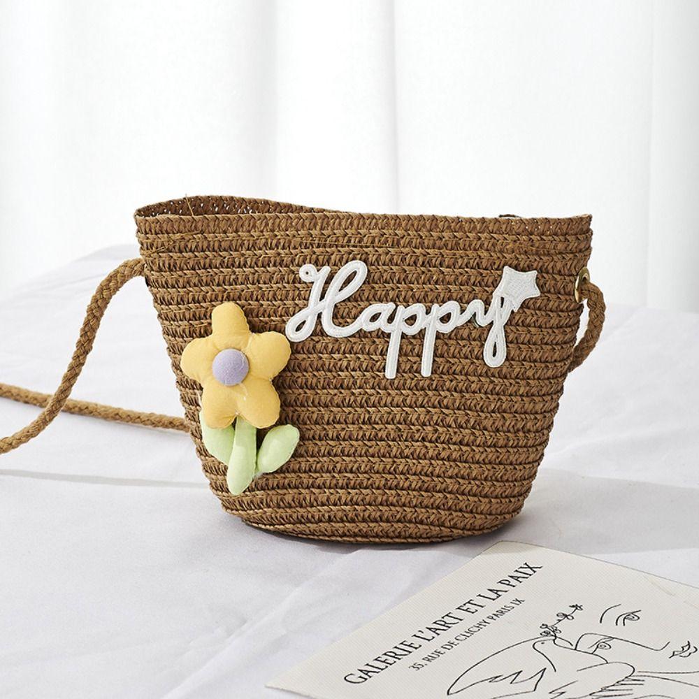 Flower Crossbody Bag Straw Mini Coin Purse Durable Straw Shoulder Bags  Kids Girls