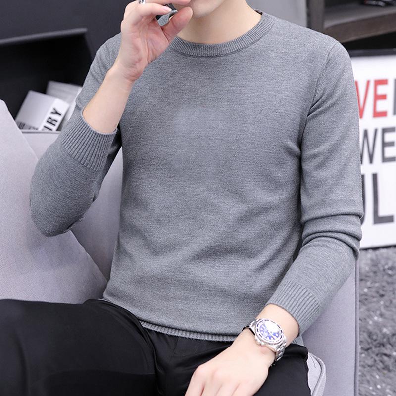 Men's White Round Neck Long Sleeve Knit Sweater for Spring, Autumn, and Winter