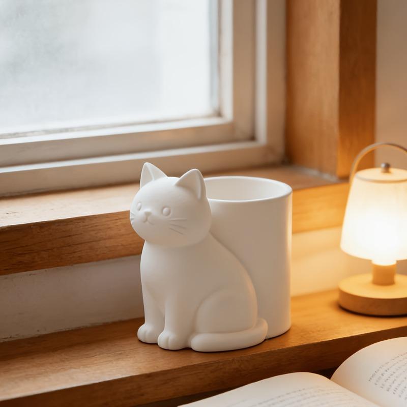 Cute White Cat Shaped Pen Holder, Desk Stationery Organizer for Office Supplies Storage
