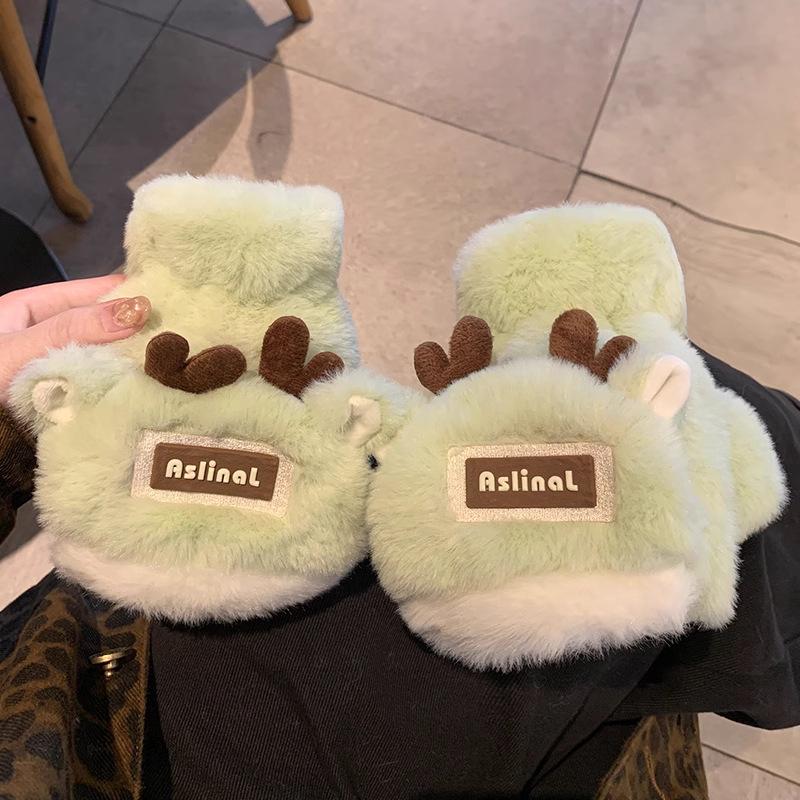 New Christmas antlers plush gloves women's thickened warm cute student cycling cold-proof half-finger gloves
