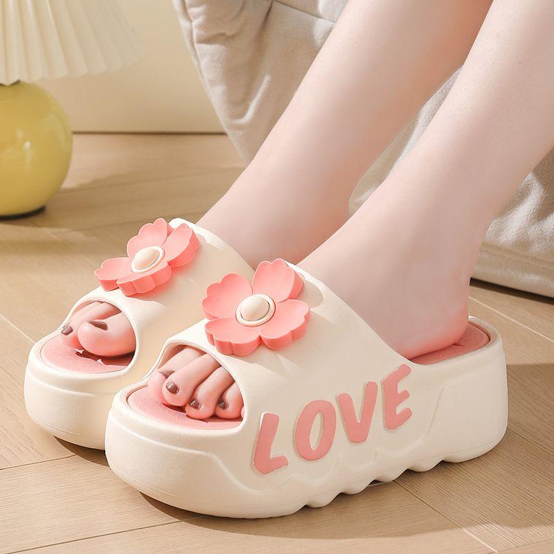 Fashion New pink flower high heel slipper women's outdoor slides sweet backless beach shoes woman flat platform mules elevator slippers