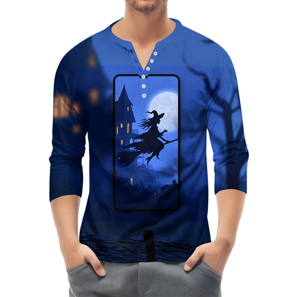 Men's Button-Down Contrast Raglan 3/4 Sleeve Top