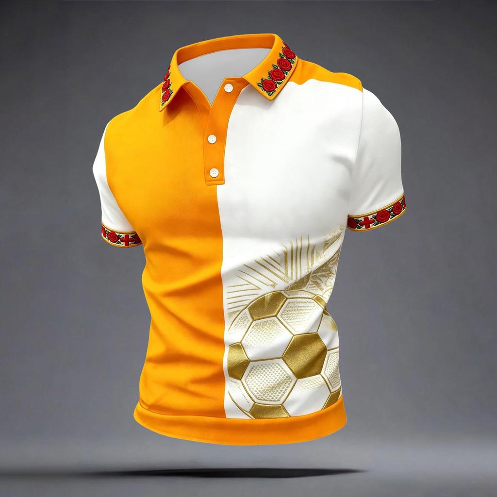 Men's Football Polo Shirt Classic Fit Short Sleeve Collar Button Placket Lightweight Breathable Sportswear for Casual Outdoor Activities
