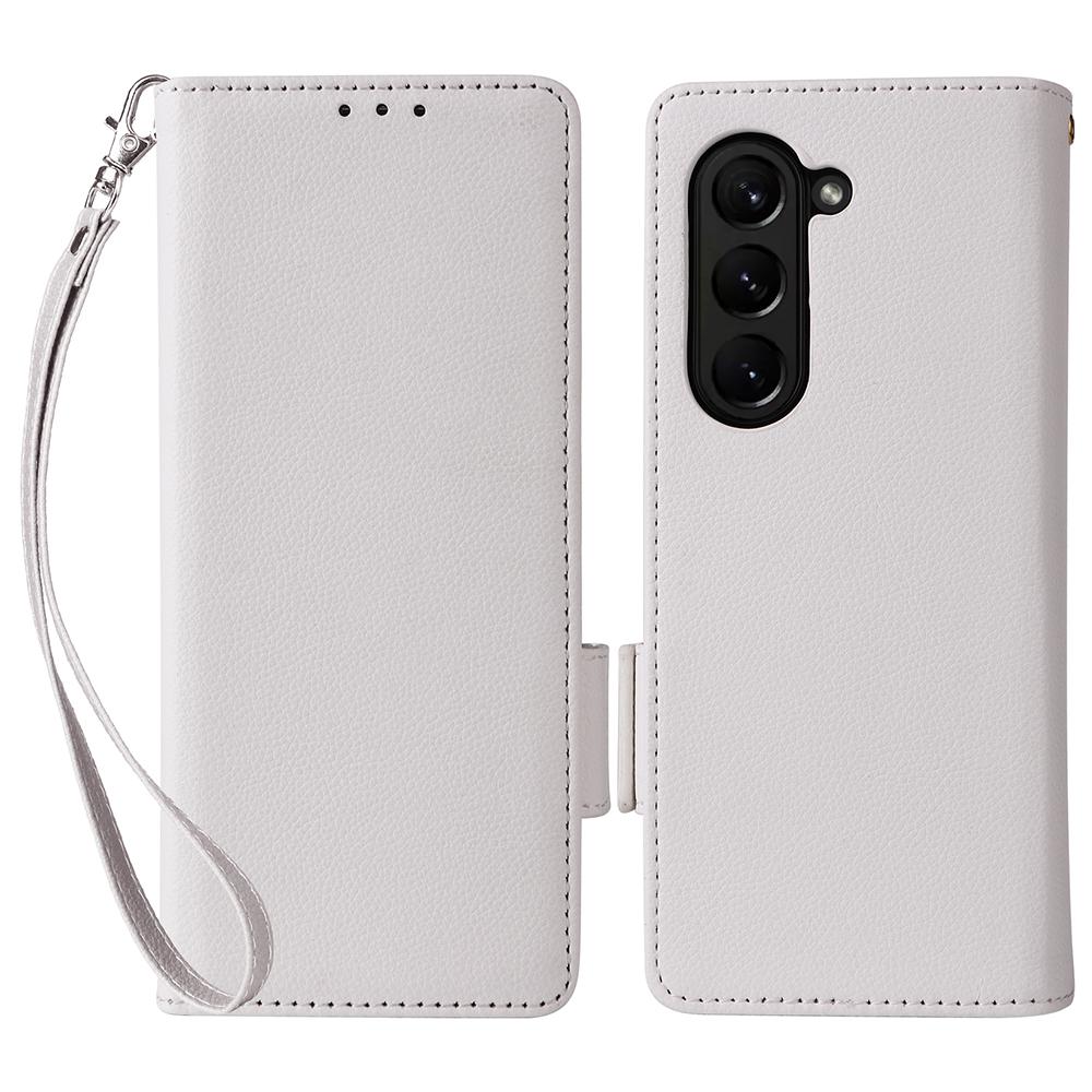 

For Samsung Galaxy Z Fold6 5G Case with Wrist Strap Litchi Texture PU Leather Wallet Phone Cover White