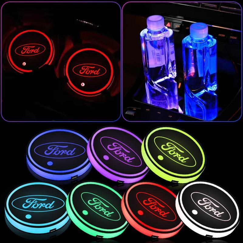 KLYA1 USB Rechargeable RGB LED Car Cup Coaster For Ford ST Racing Focus Fiesta EcoSport Escort Ranger Fusion Mustang Mondeo Accessorie