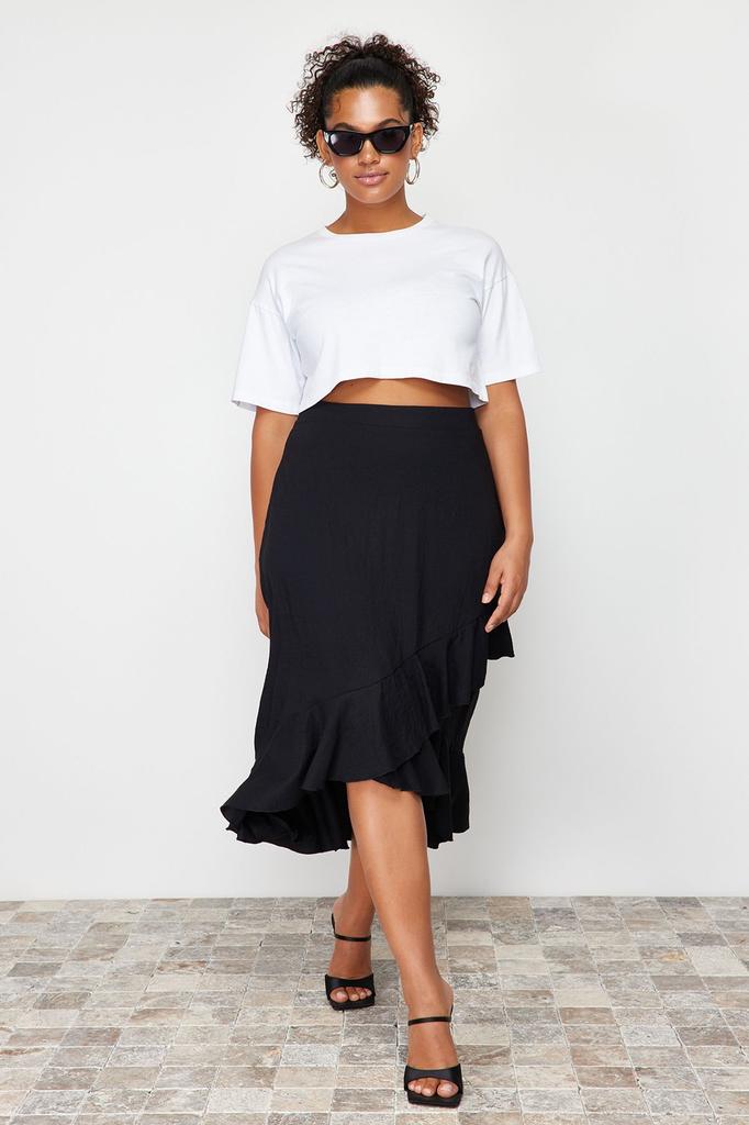 Women's Style Plus Size Black Midi Woven Skirt