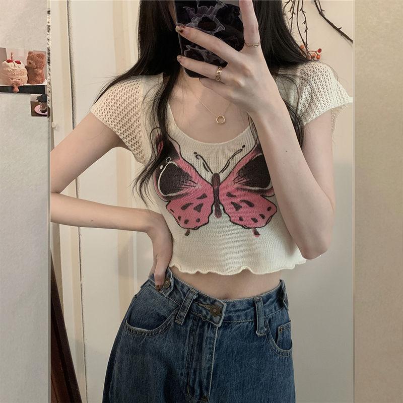 Butterfly Print Knitted Short Sleeved T-shirt for Women with A Unique and Chic Design Featuring A Niche Hollow Out Short Cut Top