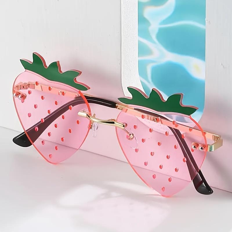 Strawberry Rimless Fashion Sunlasses Cute Candy-Colored Eyewear For Beach Parties And Dance Events Perfect Choice