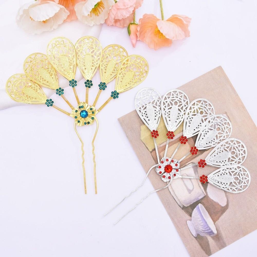 Crystal Rhinestone Flower Hairpin Metal Ethnic Headdress Jewelry Thai Style Leaf Hair Stick  Party