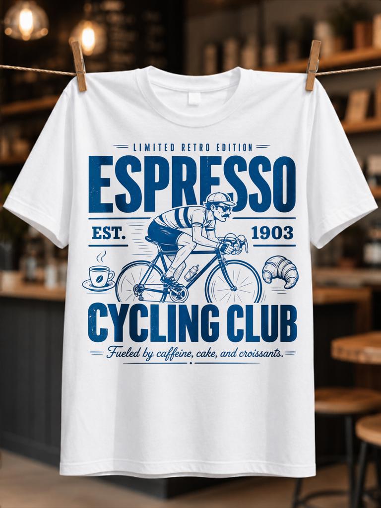 Espresso Cycling Club Bold Blue Line Cyclist Drinking Coffee With Croissant And Cafe Icons Retro Unisex All Tshirt