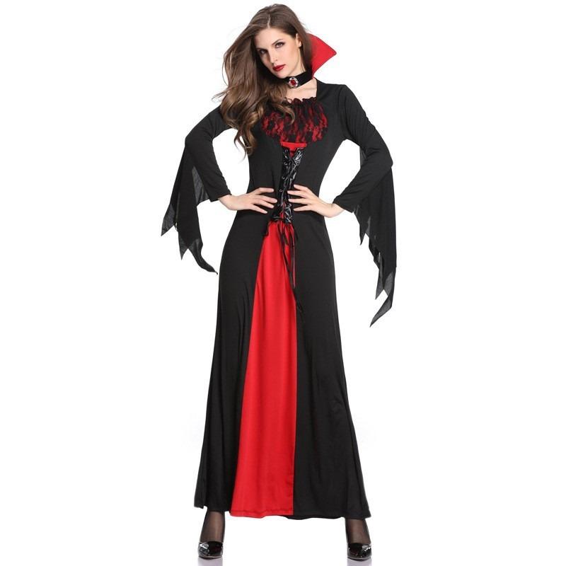 Halloween Witch Vampire Bat Costume Adult Women's Black and Red Dress Performance Costume