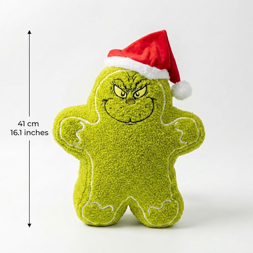 Christmas Green Monster Embroidered Lambswool Throw Pillow & Gingerbread Shape Decor