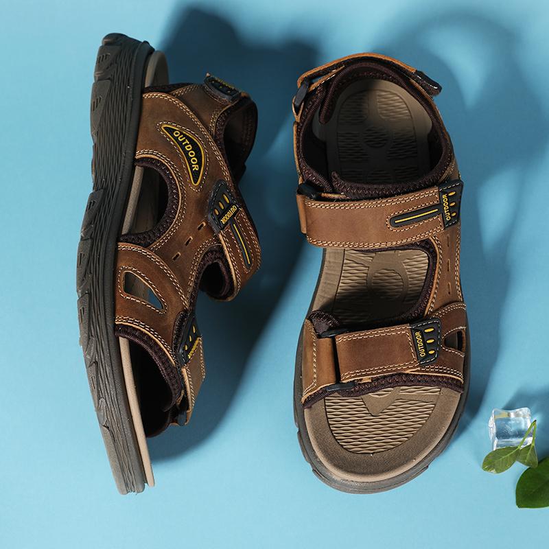 Fashion Golden Sapling Summer Shoes Genuine Leather Sandals Outdoor Men's Beach Sandals Leisure Flats Retro Footwear Men Casual Moccasin