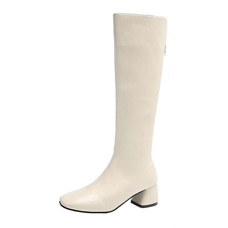 Street Style Fyrkantig Klack Kvinnor Knähöga Stövlar Höst Vinter Mjukt Läder Damer Smala Koncisa Långa Damstövlar