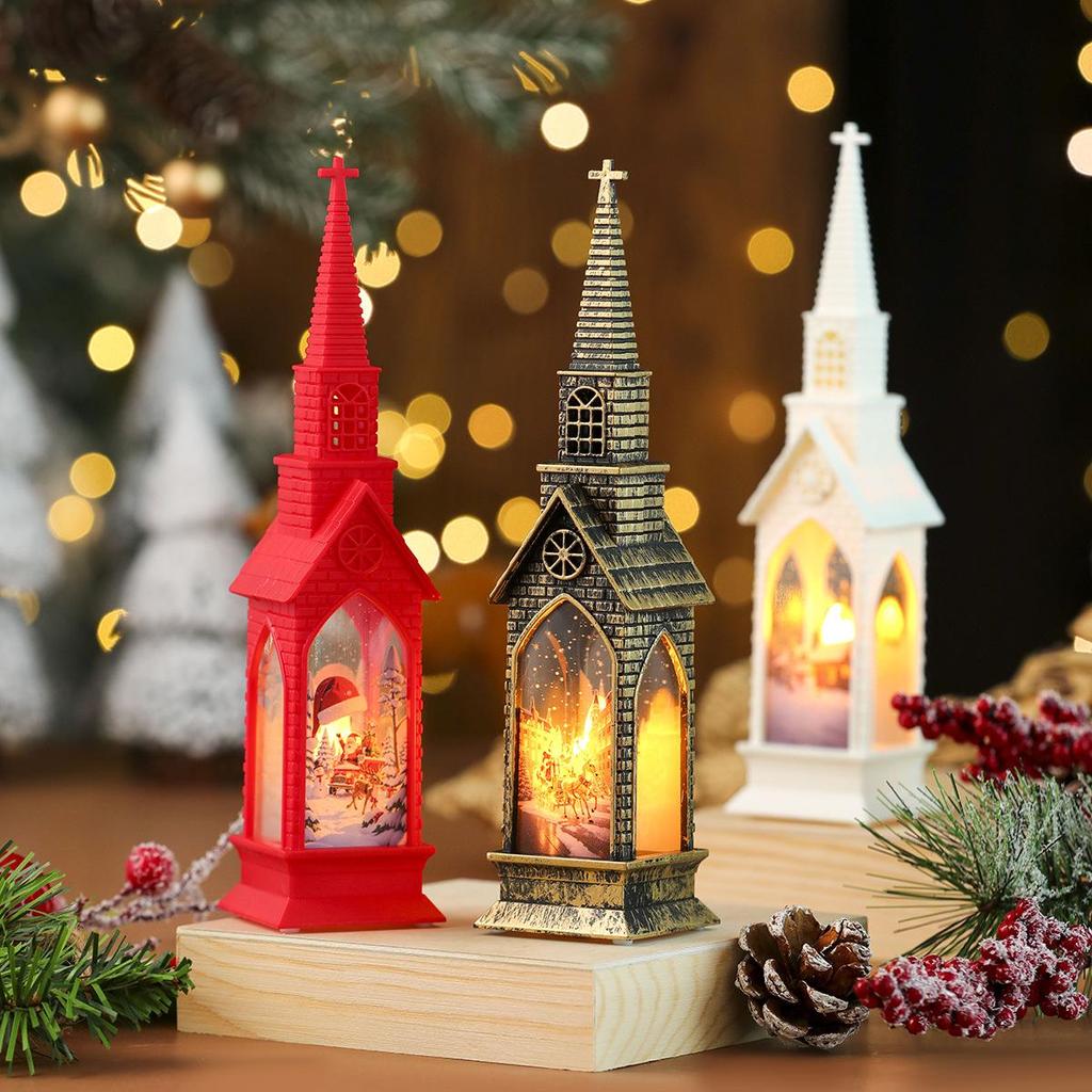 Cross-border Christmas Lantern: Church-Shaped Night Light with Electronic Candle
