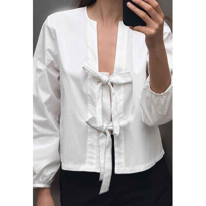 Summer New Product Women's Clothes round Neck Long Sleeves Contrast Color Seized Line Bowknot Decoration Poplin Shirt Tops 0387058