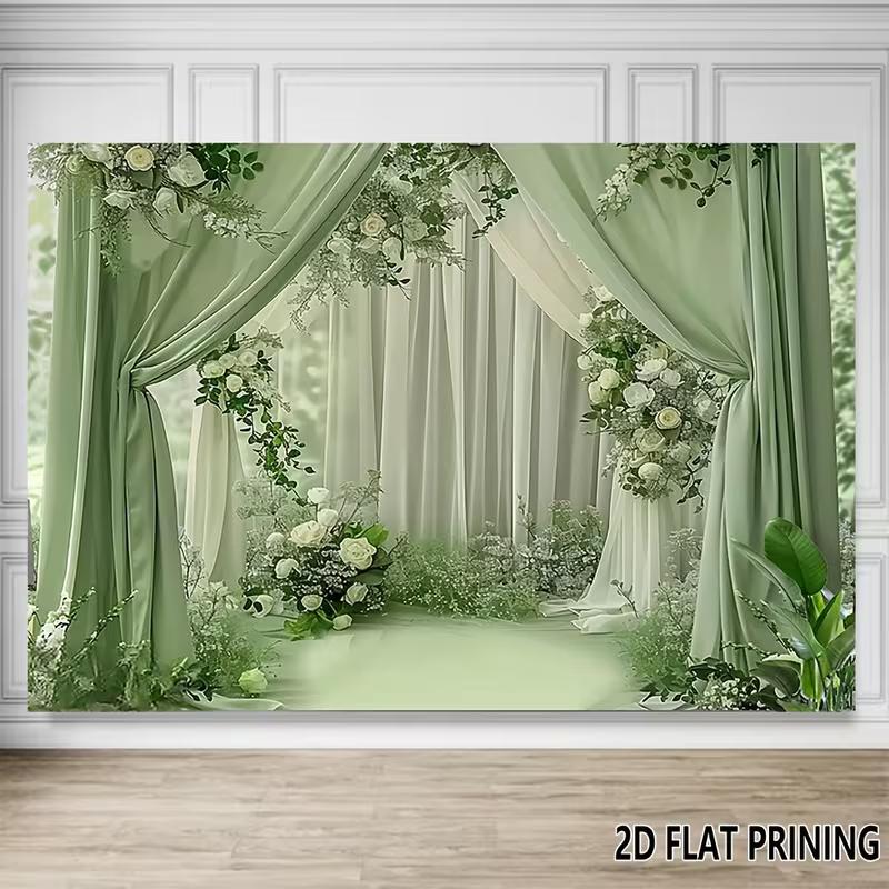 2D Soft Green & White Drape Backdrop with Flowers Photo Background