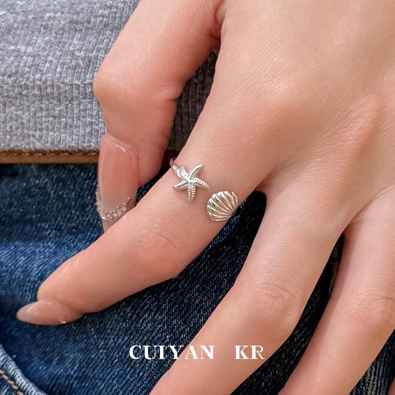 Cui Yan Jewelry S925 Silver Korean Starfish Seashell Women's Ring - Popular European & American Open Design