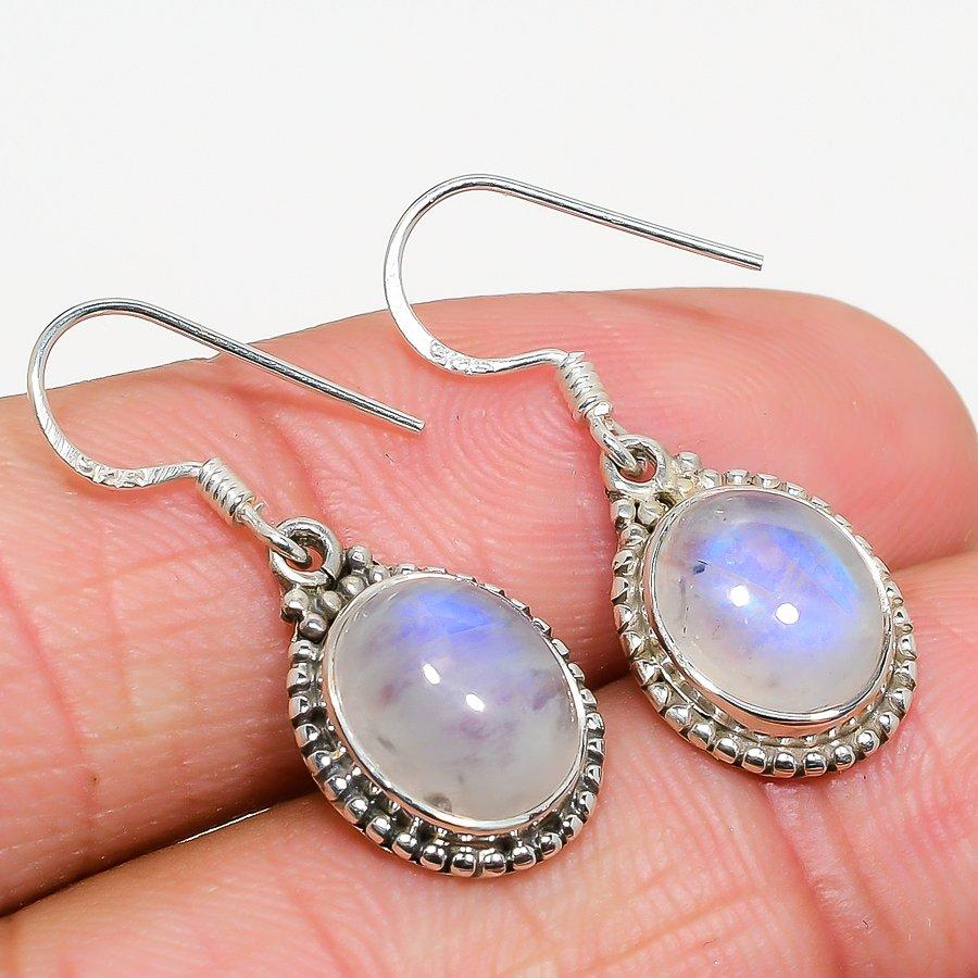 Natural Rainbow Moonstone Gemstone 925 Solid Sterling Silver Earring 1.25" O3h65