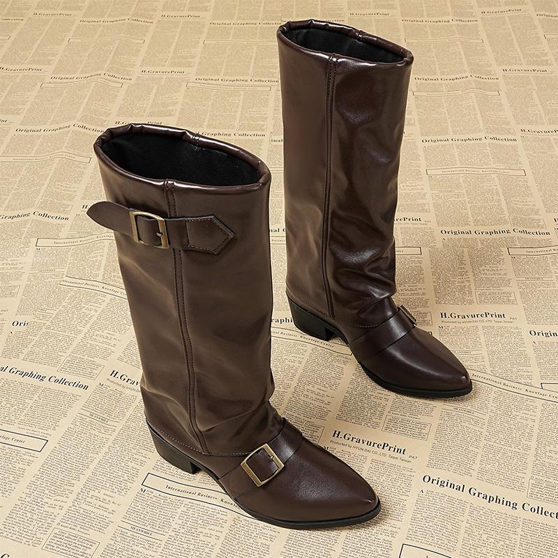 

2026 Winter Pointed Toe High Heels Women Long Boots Knee High Shoes Sexy Pumps Chunky Leather Shoes Chelsea Boots Mujer Botas 36 темно-коричневого