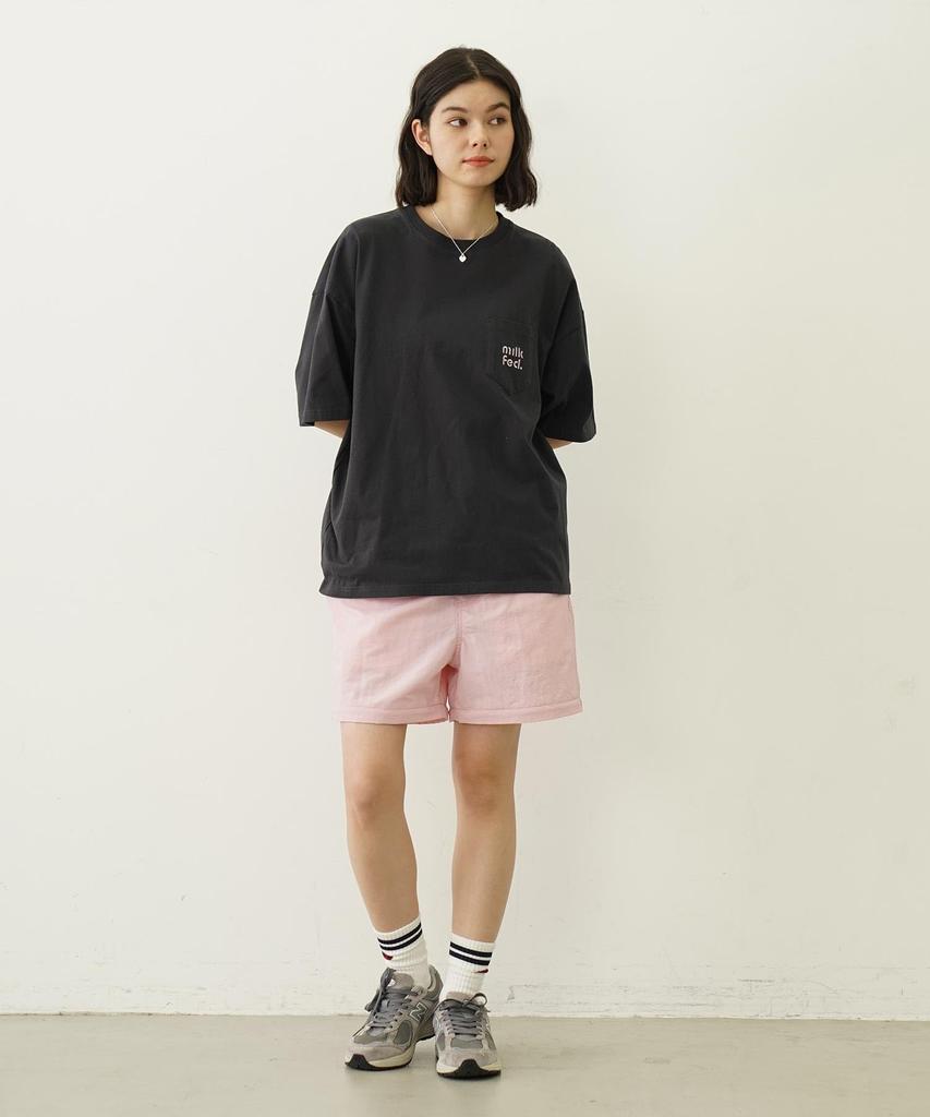 Milkfed Women's Casual Cut Out Logo Pocket Wide Short Sleeve Tee In Charcoal