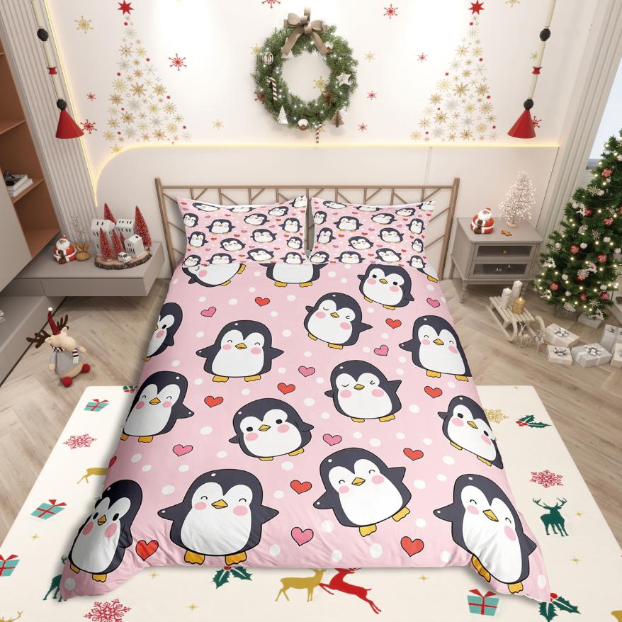 Comforter Homewish Cartoon Animal Penguin Kawaii Wildlife For Kids Bedding Setlove Heart Print Decor