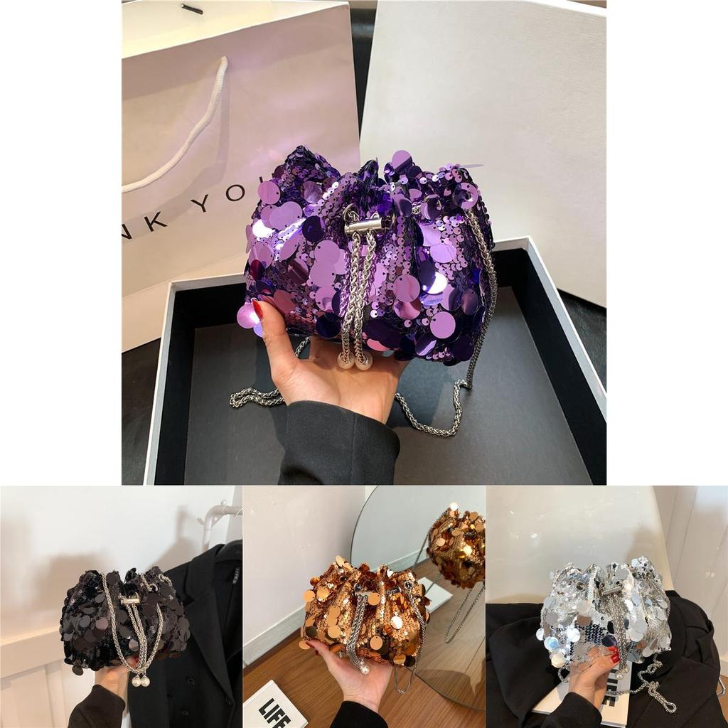 Shiny Fringe Sequin Evening Street Fashion Pu Bucket Bag 2024 New Trendy Chic Drawstring Large Capacity Stylish Handbag