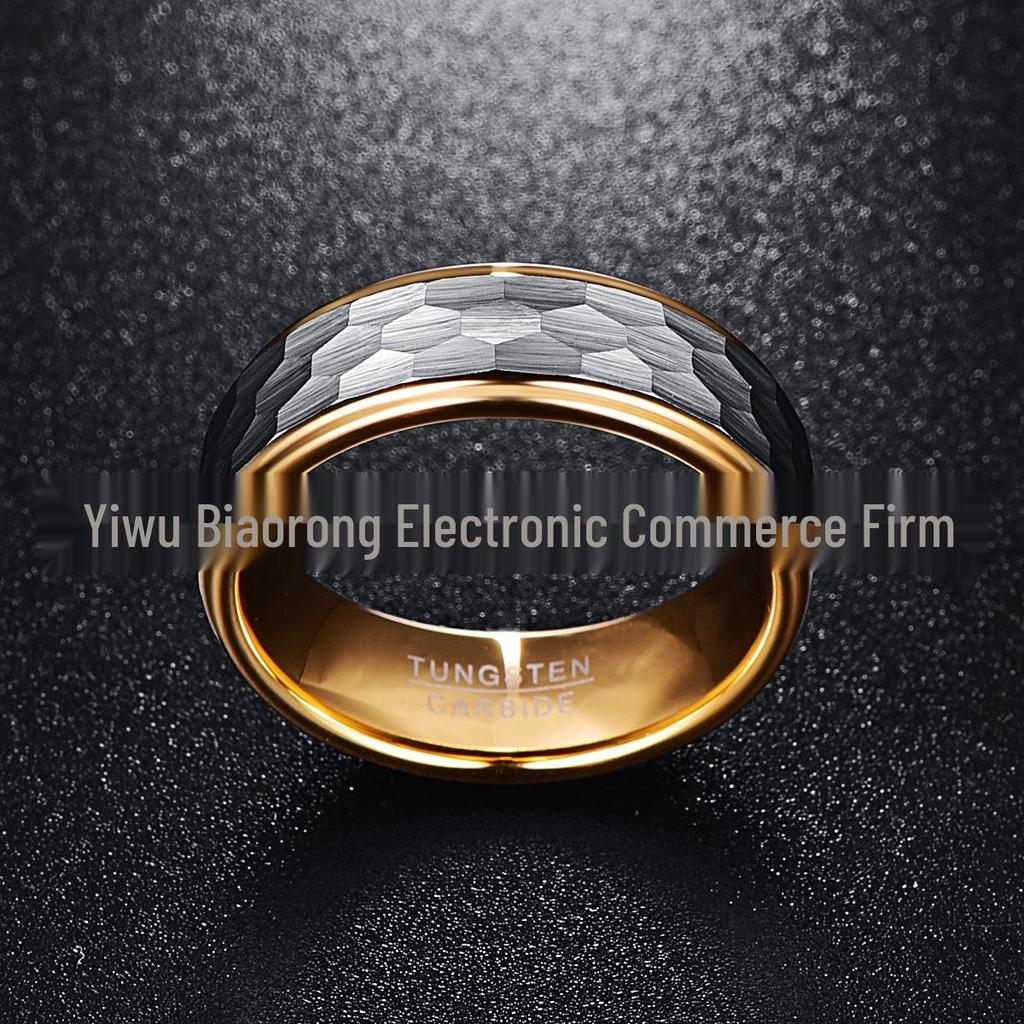 Silver-Gray Matte Hexagonal Tungsten Steel Ring with Gold-Plated Inner Circle - 8MM Wide