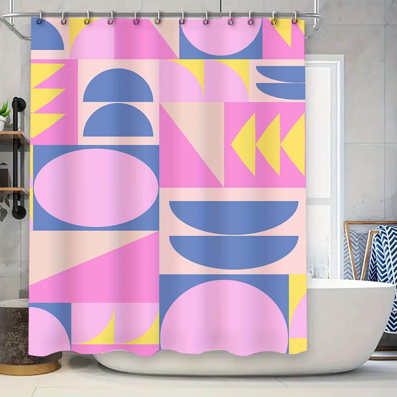 

Modern Geometric Pattern Shower Curtain Set Vivid Pink Blue Yellow Design For Bathroom Decor Waterproof Fabric With Hooks Inclin W60H190(CM)-1 Pcs