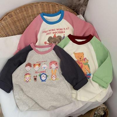 Pure Cotton Children's Long-sleeved T-shirt Bottoming Shirt, Spring and Autumn Cartoon Splicing Style Top for Boys and Girls