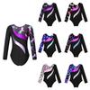 Girls Shiny Rhinestone Leotard Long Sleeve Round Neck Bronzing Fabric Pattern Print Performance Bodysuit