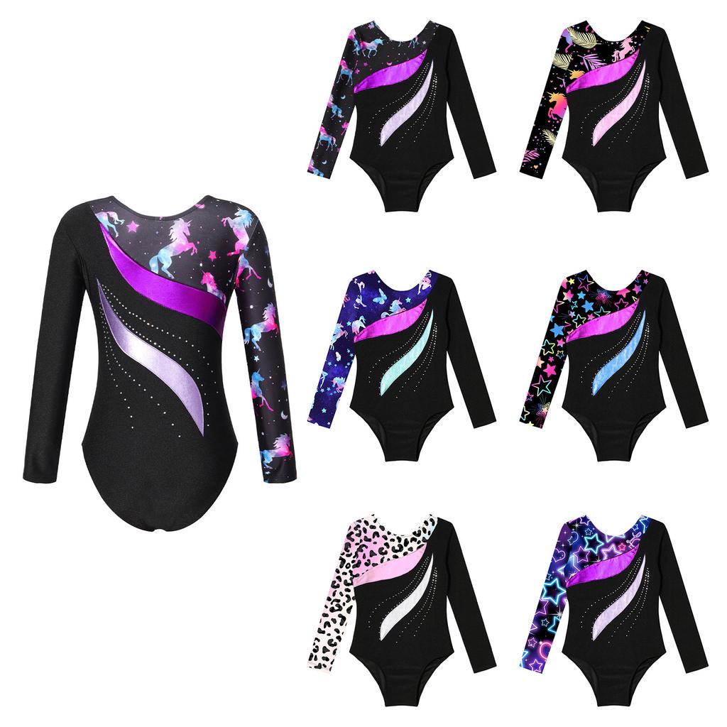 Girls Shiny Rhinestone Leotard Long Sleeve Round Neck Bronzing Fabric Pattern Print Performance Bodysuit