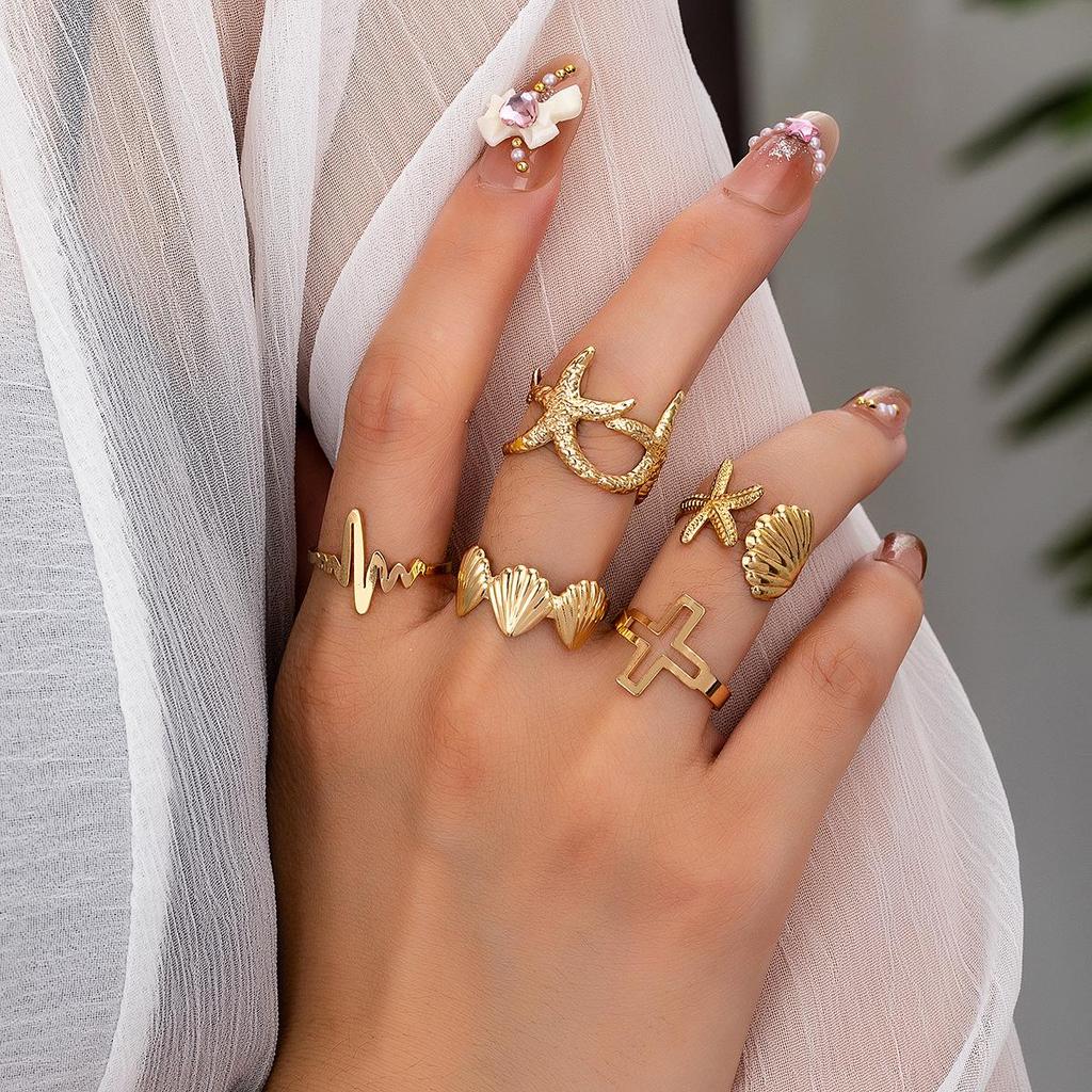 Minimalist Starfish & Wave Adjustable Open Ring Set
