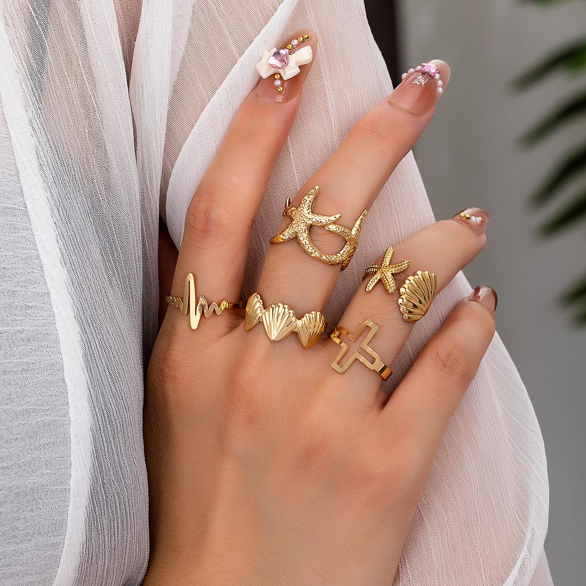 

Minimalist Starfish & Wave Adjustable Open Ring Set