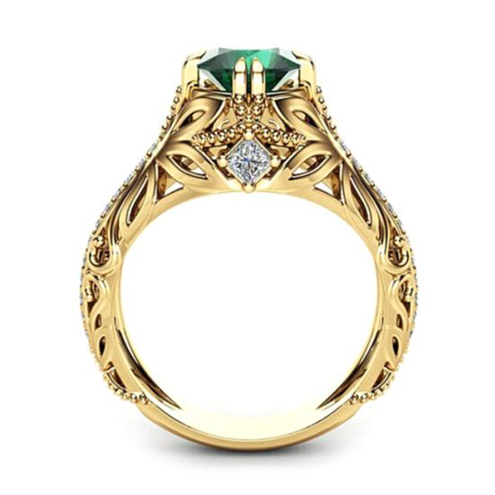 Antique Women Gold Plated Oval Emerald Inlaid Finger Ring Jewelry Valentine Gift