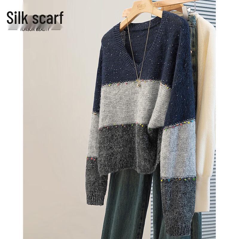 Women's V-Neck Color Block Knit Pullover Sweater