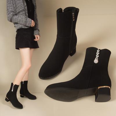 Boots Women's Medium Boots Coarse Heel Frosted Fur Shoes Women's Boots Short Boots