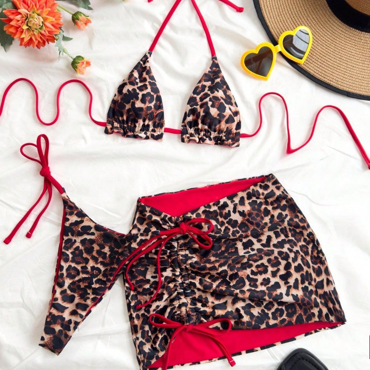 Sexy Leopard Print 3 Piece Bikini Swimsuit Set Women s Beachwear & Vacation Swimwear S