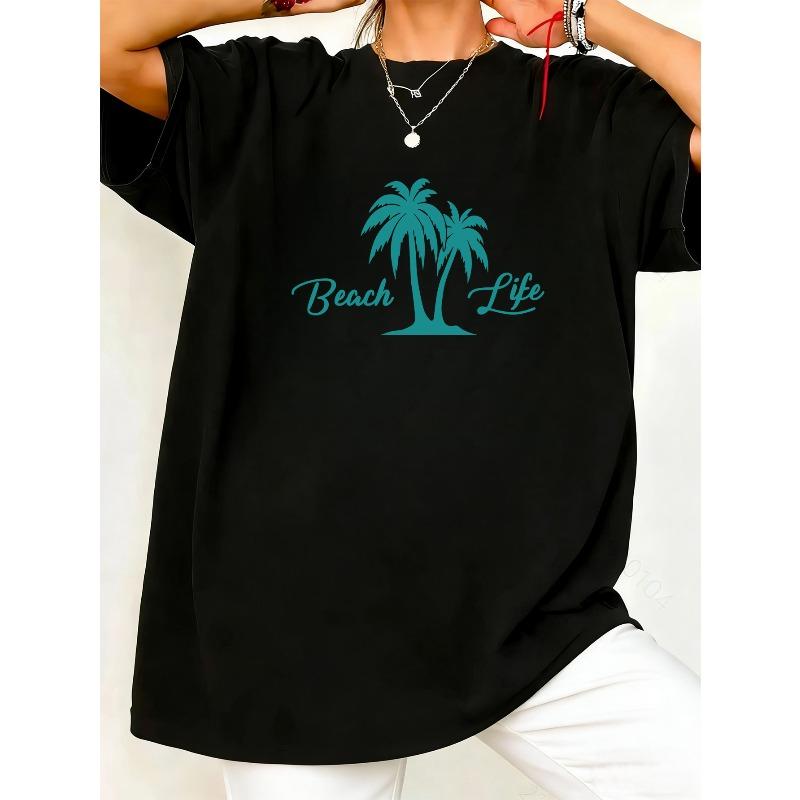 Plus Size, Plus Size - Plus Size - Summer Fresh Vacation Palm Tree Beach Women s Casual Round Neck Top, Suitable for All Seasons S чёрный
