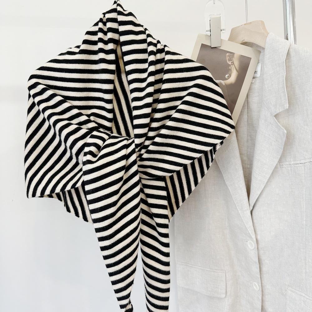 Cross-Border Wool Striped Shawl Enlarged Autumn And Winter Warm Triangle Scarf Knitted Women'S Knotted Shoulder Scarf