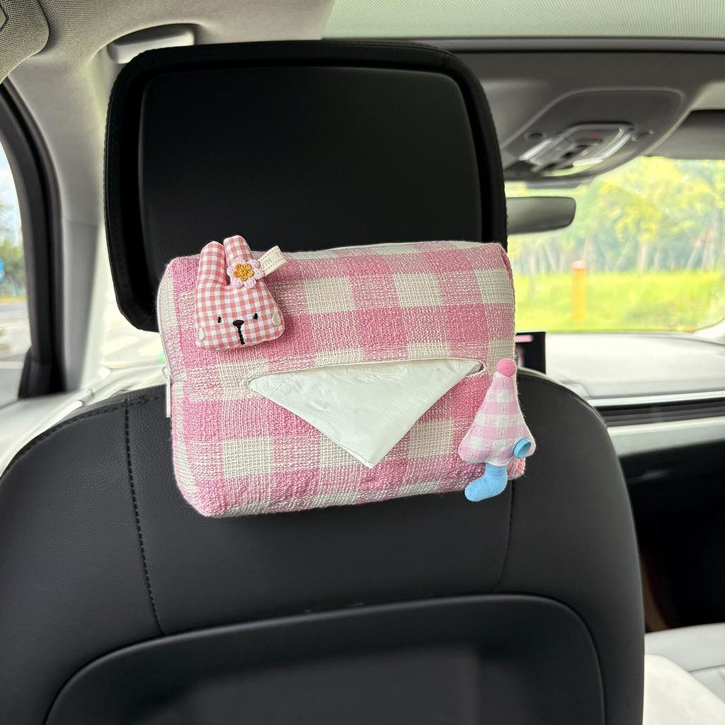 Cartoon Bear & Bunny Plaid Tissue Box for Car Seat Back, Armrest, or Sun Visor