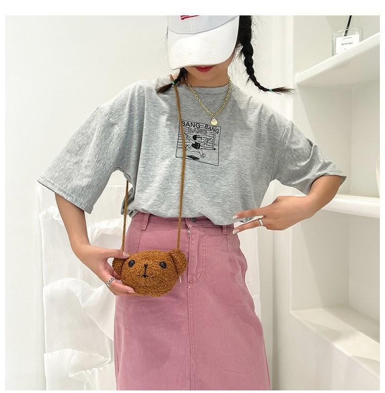 Cute Cartoon Bear Head Mini Crossbody Bag Plush Nylon Shoulder Bag For Students