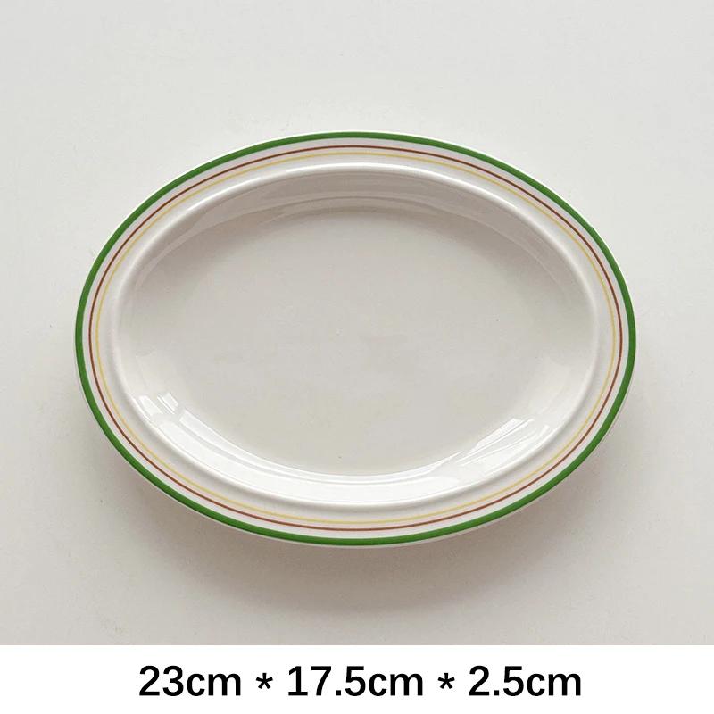 Plats Ovale en Céramique Style Coréen Porcelaine Rayée Vaisselle Légumes Salade de Fruits Pâtes Assiettes de Petit-Déjeuner Plats de Cuisine