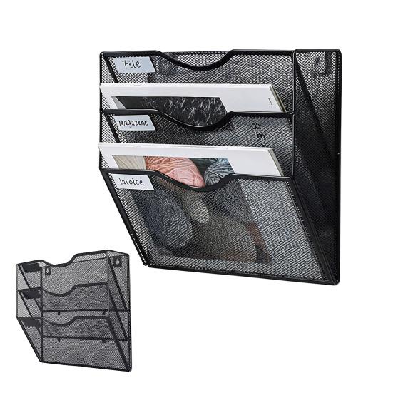 Wall File Organizer 3 Tier Mesh Metal Hanging File Folder Rack with Label Slots Rust-Resistant Mail Organizer for Office Home Classroom
